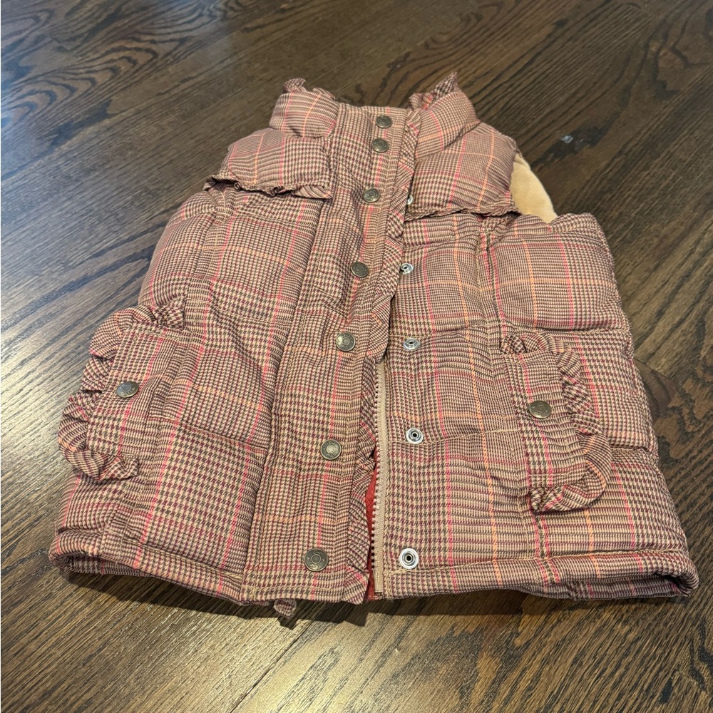 GAP Kids Checkered Puffer Vest - Brown and Red
